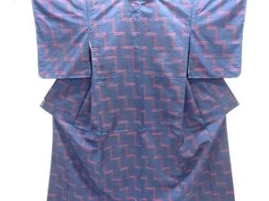 未使用品　幾何学模様織り出し手織り真綿紬着物